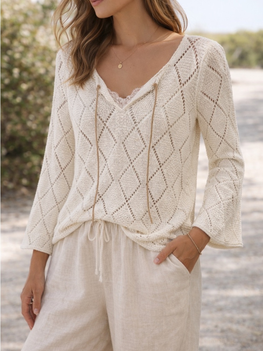 Bay Studio Ivory Open Knit Boho Sweater Bell Sleeve Lace Up Top M